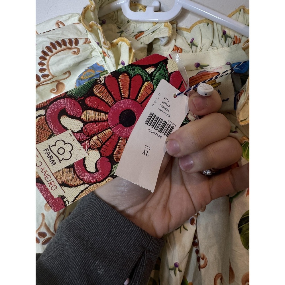 Farm Rio Blouse Womens XL White Floral High Neck Flutter Sleeve Anthropologie - Picture 8 of 12